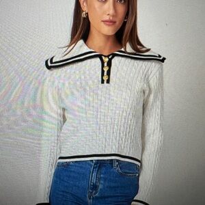 English Factory Sailor Stripe White Cable Knit Sweater with Black Trim S